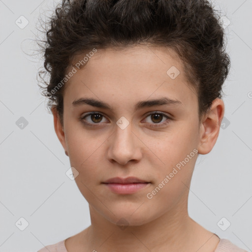 Neutral white young-adult female with short  brown hair and brown eyes