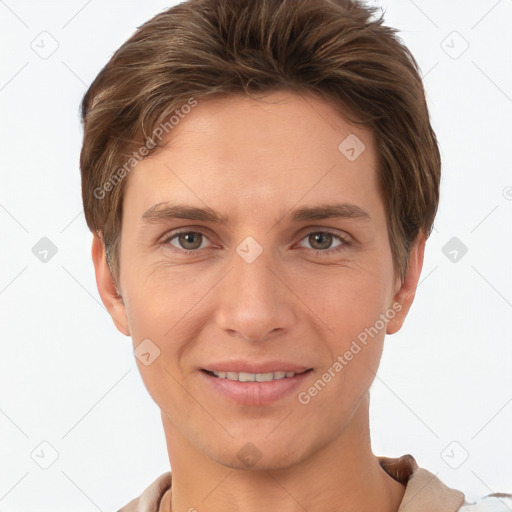 Joyful white young-adult female with short  brown hair and grey eyes