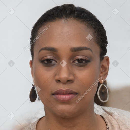 Joyful black young-adult female with short  brown hair and brown eyes