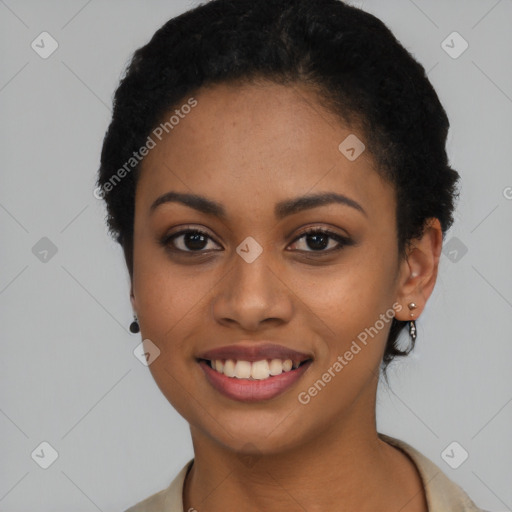 Joyful latino young-adult female with short  black hair and brown eyes