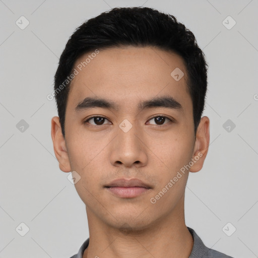 Neutral asian young-adult male with short  black hair and brown eyes