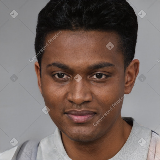 Joyful black young-adult male with short  black hair and brown eyes