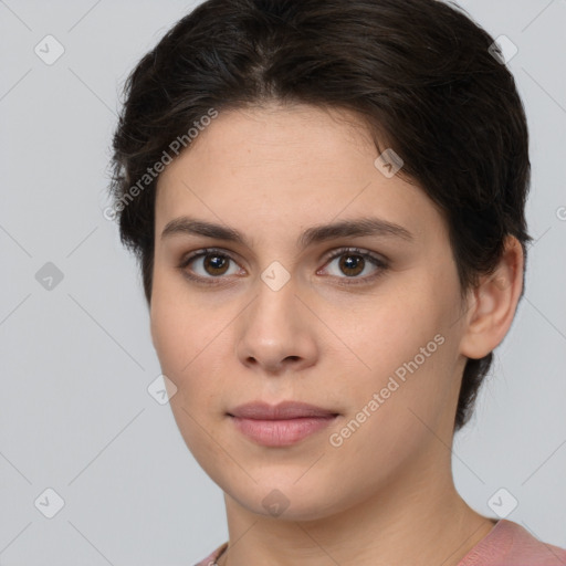 Neutral white young-adult female with short  brown hair and brown eyes