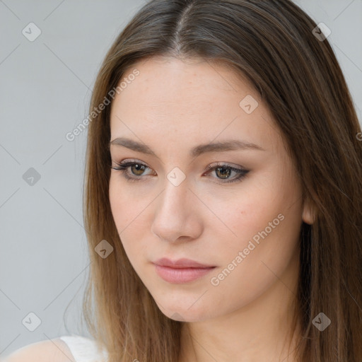 Neutral white young-adult female with long  brown hair and brown eyes