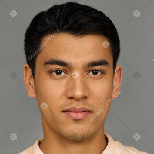 Neutral asian young-adult male with short  brown hair and brown eyes