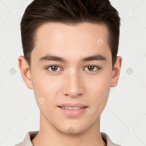 Joyful white young-adult male with short  brown hair and brown eyes