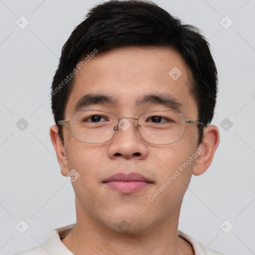 Neutral asian young-adult male with short  brown hair and brown eyes