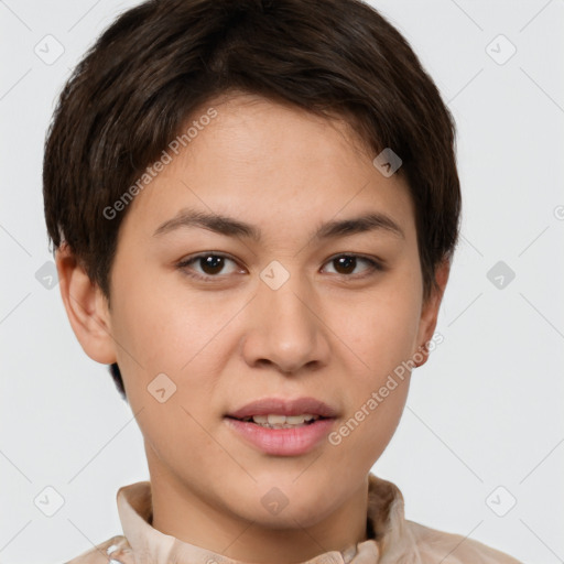 Joyful white young-adult female with short  brown hair and brown eyes