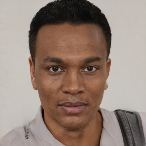 Neutral black young-adult male with short  black hair and brown eyes