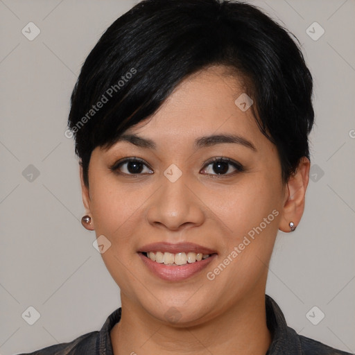 Joyful white young-adult female with medium  black hair and brown eyes