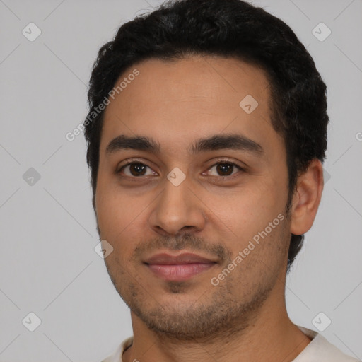 Neutral latino young-adult male with short  black hair and brown eyes