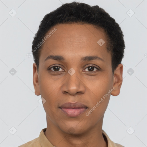 Neutral latino young-adult female with short  black hair and brown eyes