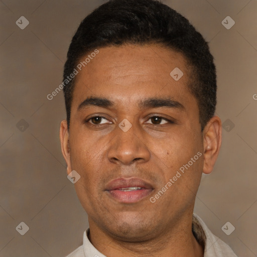 Neutral latino adult male with short  black hair and brown eyes