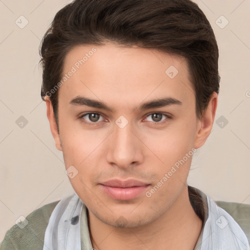 Neutral white young-adult male with short  brown hair and brown eyes