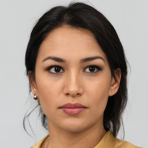 Neutral asian young-adult female with medium  black hair and brown eyes