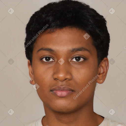 Neutral black young-adult male with short  black hair and brown eyes