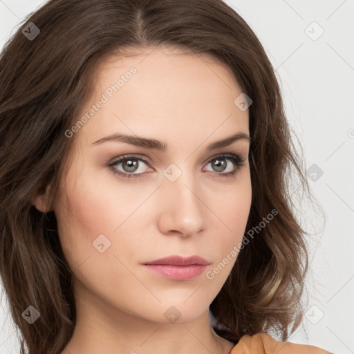 Neutral white young-adult female with long  brown hair and brown eyes