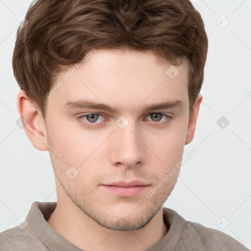 Neutral white young-adult male with short  brown hair and grey eyes