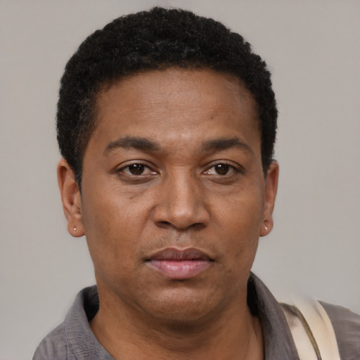 Neutral latino adult male with short  black hair and brown eyes
