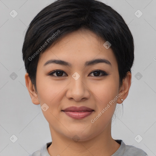 Joyful asian young-adult female with short  black hair and brown eyes