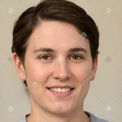 Joyful white young-adult female with short  brown hair and brown eyes