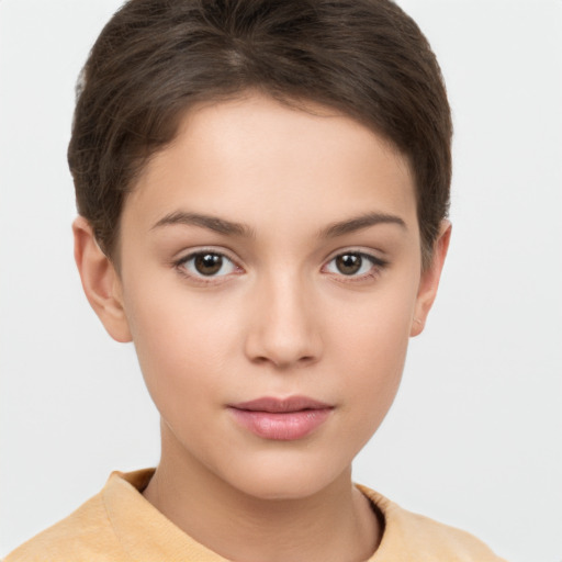 Neutral white young-adult female with short  brown hair and brown eyes