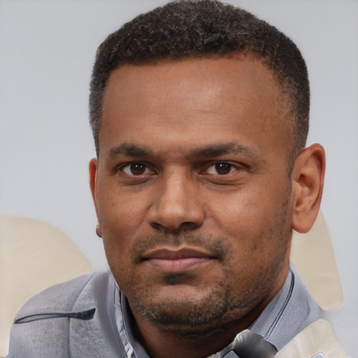 Neutral latino adult male with short  brown hair and brown eyes