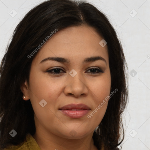 Joyful latino young-adult female with long  brown hair and brown eyes