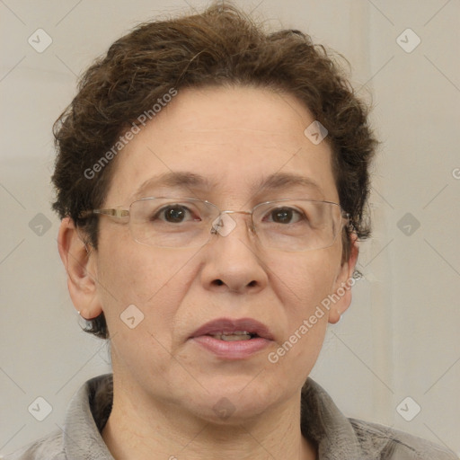 Joyful white middle-aged female with short  brown hair and brown eyes