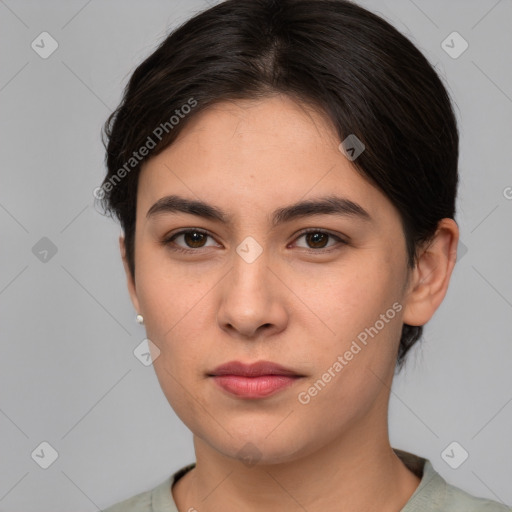 Neutral white young-adult female with medium  brown hair and brown eyes