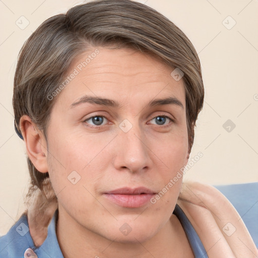 Neutral white young-adult female with short  brown hair and grey eyes