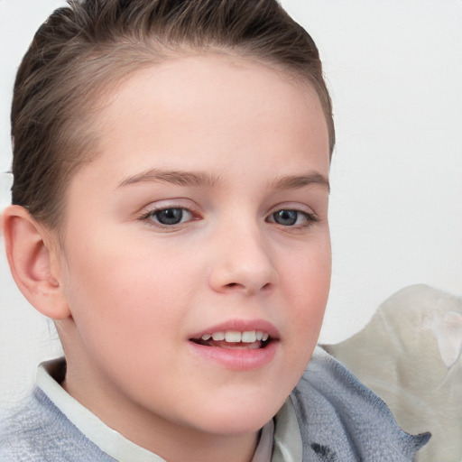 Joyful white child female with medium  brown hair and blue eyes