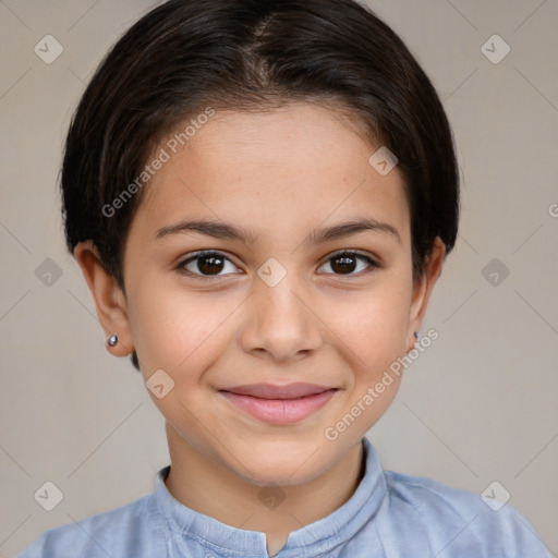 Joyful white child female with short  brown hair and brown eyes