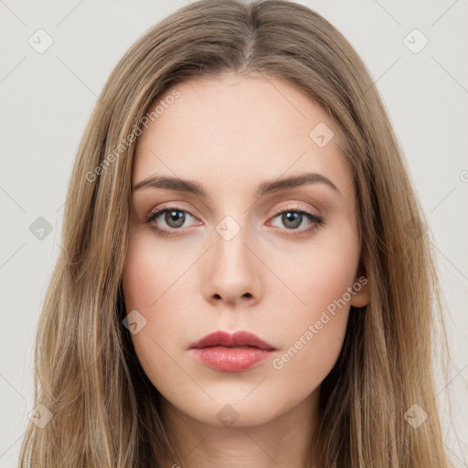 Neutral white young-adult female with long  brown hair and brown eyes