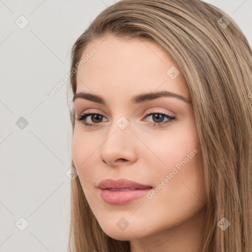 Neutral white young-adult female with long  brown hair and brown eyes