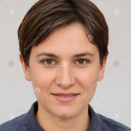 Joyful white young-adult female with short  brown hair and grey eyes