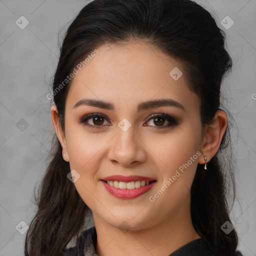 Joyful white young-adult female with long  brown hair and brown eyes