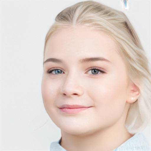 Joyful white child female with medium  brown hair and blue eyes