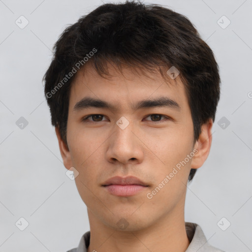 Neutral asian young-adult male with short  brown hair and brown eyes