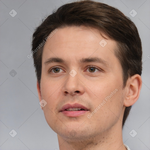 Neutral white young-adult male with short  brown hair and brown eyes