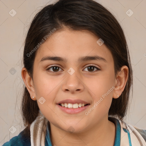 Joyful white child female with medium  brown hair and brown eyes