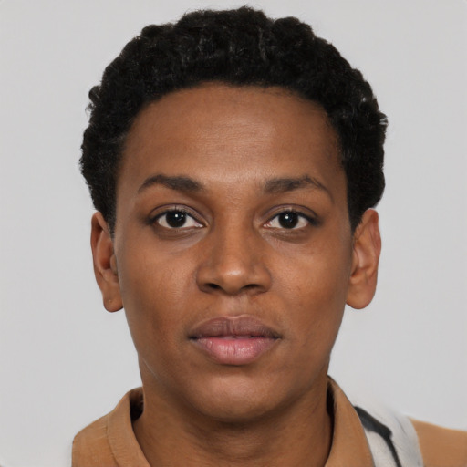 Neutral black young-adult female with short  black hair and brown eyes