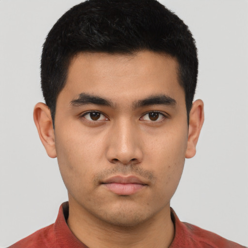 Neutral asian young-adult male with short  black hair and brown eyes