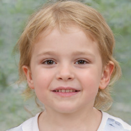 Joyful white child female with medium  brown hair and grey eyes