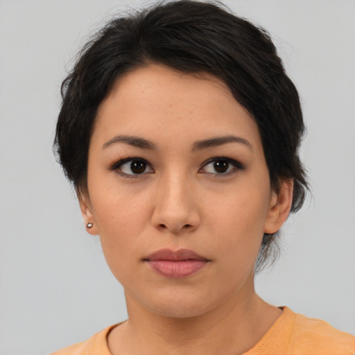 Neutral asian young-adult female with medium  brown hair and brown eyes