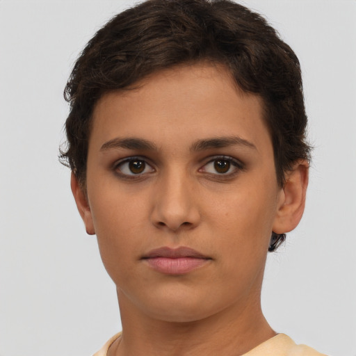 Neutral white young-adult female with short  brown hair and brown eyes