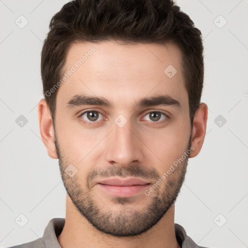 Neutral white young-adult male with short  brown hair and brown eyes