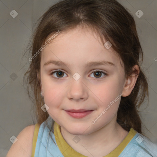 Joyful white child female with medium  brown hair and brown eyes