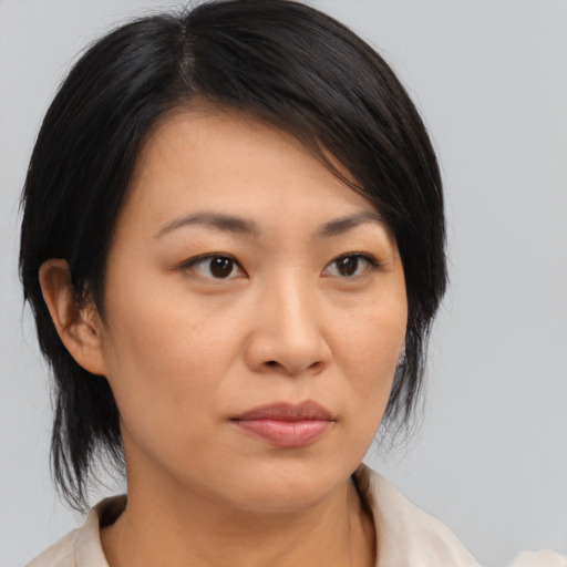 Neutral asian young-adult female with medium  brown hair and brown eyes