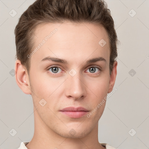 Neutral white young-adult male with short  brown hair and grey eyes